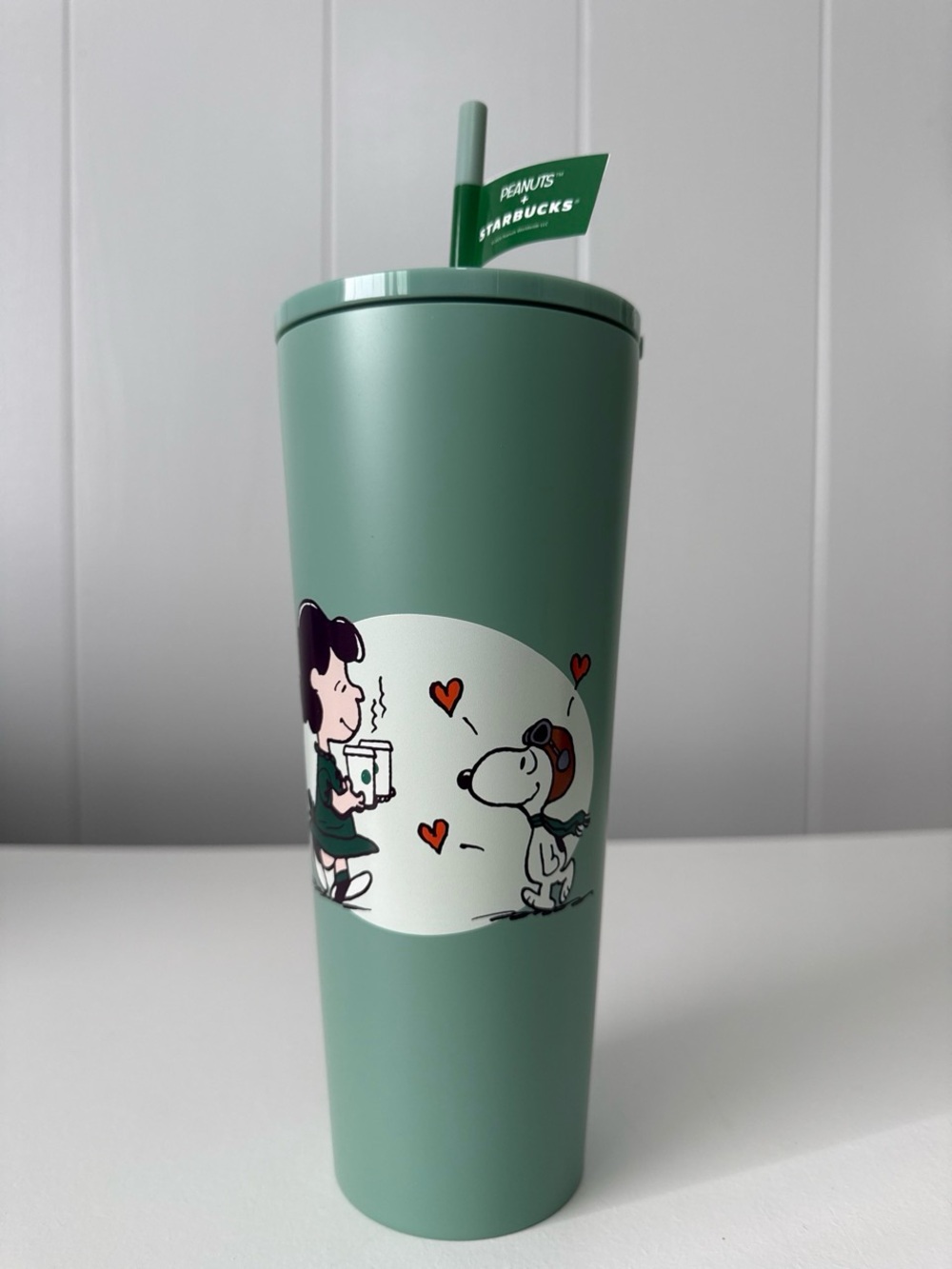 Starbucks Green Peanuts Snoopy & Lucy Travel Cup